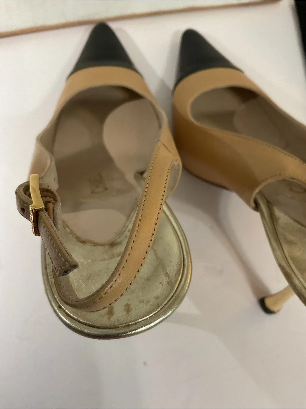 CHANEL Beige and Black Pointed Slingback Pumps
